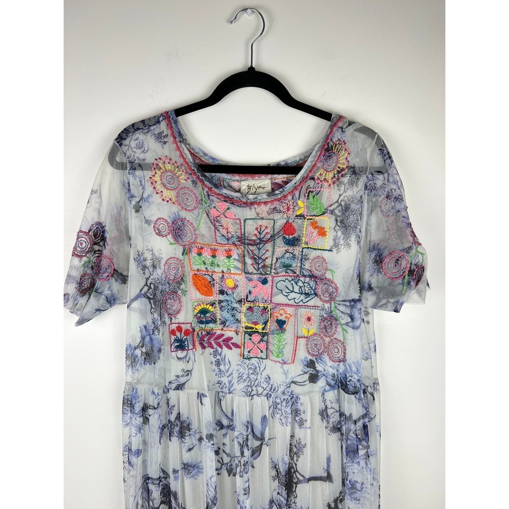 Biya Johnny Was Embroidered Mesh Floral Maxi Dress Blue White Large - Picture 13 of 16
